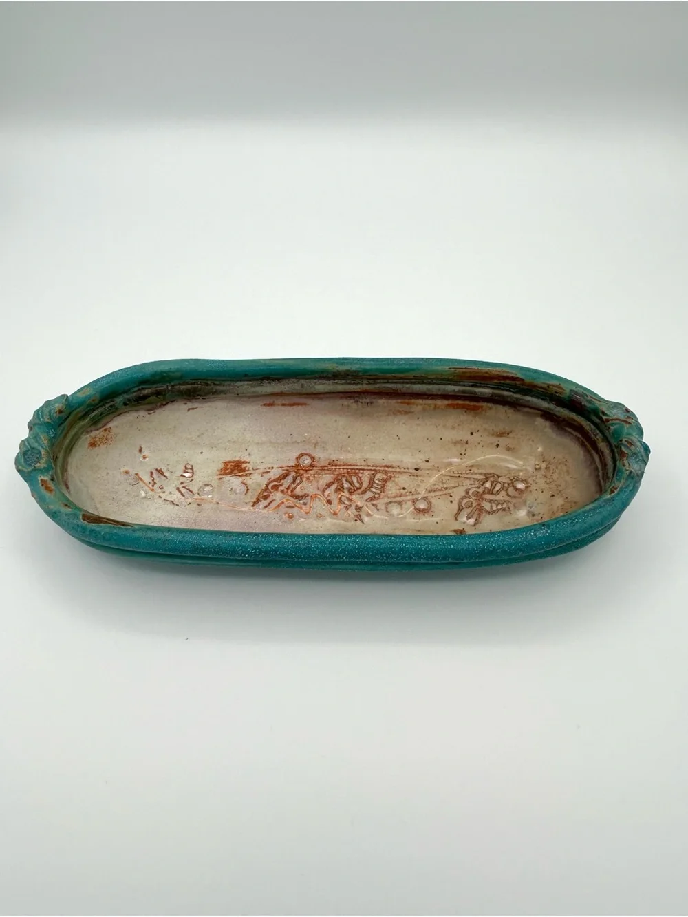 Studio Pottery Oval Serving Tray Trinket Dish Blue Gray Signed Decorative Scene